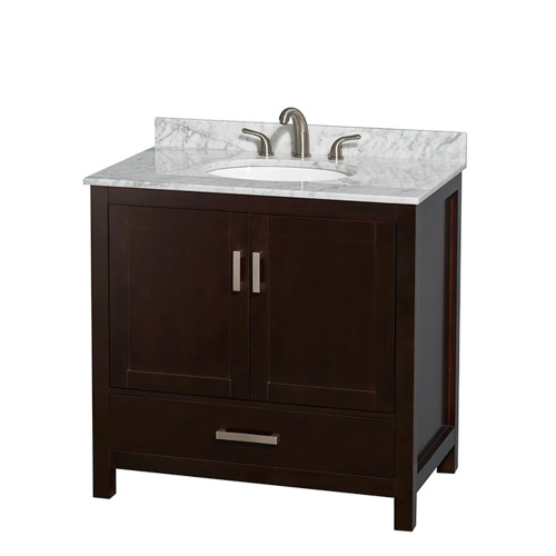 Wyndham WCS141436SESCMUNOMXX Sheffield 36 Inch Single Bathroom Vanity in Espresso, White Carrara Marble Countertop, Undermount Oval Sink, and No Mirror