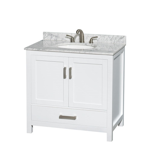 Wyndham WCS141436SWHCMUNOMXX Sheffield 36 Inch Single Bathroom Vanity in White, White Carrara Marble Countertop, Undermount Oval Sink, and No Mirror