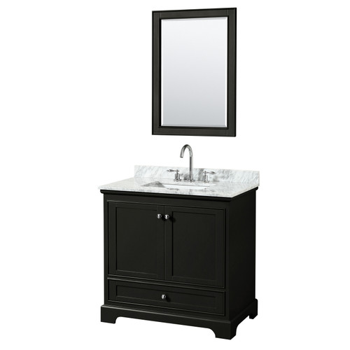 Wyndham WCS202036SDECMUNSM24 Deborah 36 Inch Single Bathroom Vanity in Dark Espresso, White Carrara Marble Countertop, Undermount Square Sink, and 24 Inch Mirror