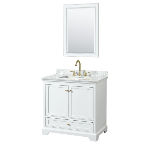Wyndham WCS202036SWGCMUNSM24 Deborah 36 Inch Single Bathroom Vanity in White, White Carrara Marble Countertop, Undermount Square Sink, Brushed Gold Trim, 24 Inch Mirror