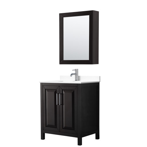 Wyndham WCV252530SDEWCUNSMED Daria 30 Inch Single Bathroom Vanity in Dark Espresso, White Cultured Marble Countertop, Undermount Square Sink, Medicine Cabinet