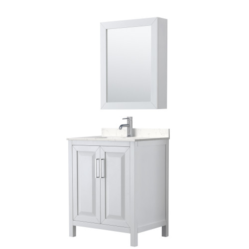 Wyndham WCV252530SWHC2UNSMED Daria 30 Inch Single Bathroom Vanity in White, Light-Vein Carrara Cultured Marble Countertop, Undermount Square Sink, Medicine Cabinet
