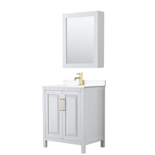 Wyndham WCV252530SWGWCUNSMED Daria 30 Inch Single Bathroom Vanity in White, White Cultured Marble Countertop, Undermount Square Sink, Medicine Cabinet, Brushed Gold Trim