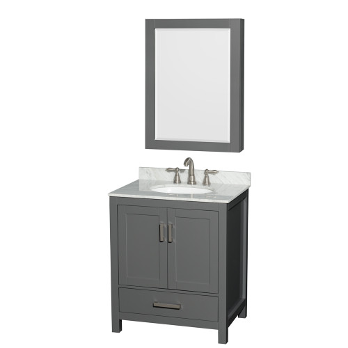 Wyndham WCS141430SKGCMUNOMED Sheffield 30 Inch Single Bathroom Vanity in Dark Gray, White Carrara Marble Countertop, Undermount Oval Sink, and Medicine Cabinet