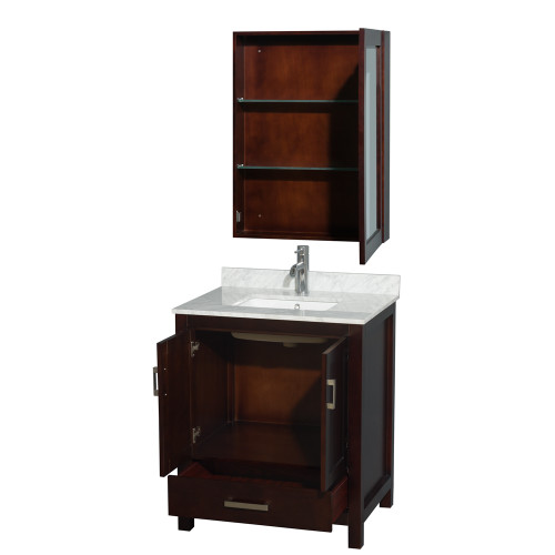 Wyndham WCS141430SESCMUNSMED Sheffield 30 Inch Single Bathroom Vanity in Espresso, White Carrara Marble Countertop, Undermount Square Sink, and Medicine Cabinet