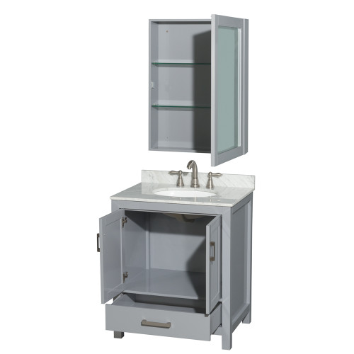 Wyndham WCS141430SGYCMUNOMED Sheffield 30 Inch Single Bathroom Vanity in Gray, White Carrara Marble Countertop, Undermount Oval Sink, and Medicine Cabinet