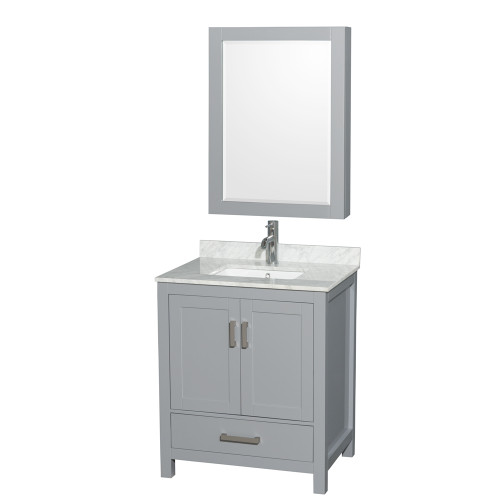 Wyndham WCS141430SGYCMUNSMED Sheffield 30 Inch Single Bathroom Vanity in Gray, White Carrara Marble Countertop, Undermount Square Sink, and Medicine Cabinet