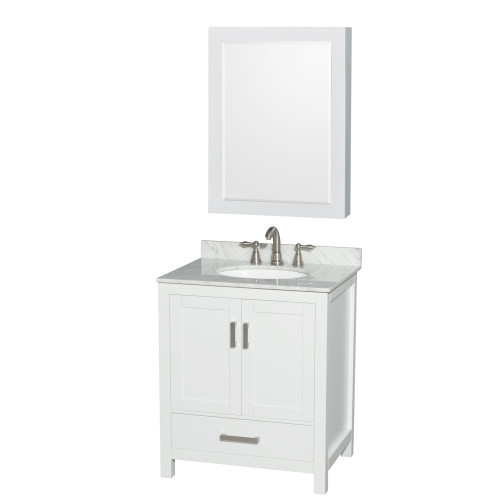 Wyndham WCS141430SWHCMUNOMED Sheffield 30 Inch Single Bathroom Vanity in White, White Carrara Marble Countertop, Undermount Oval Sink, and Medicine Cabinet