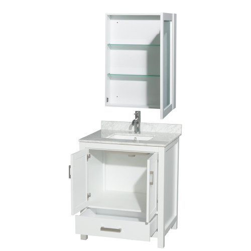 Wyndham WCS141430SWHCMUNSMED Sheffield 30 Inch Single Bathroom Vanity in White, White Carrara Marble Countertop, Undermount Square Sink, and Medicine Cabinet