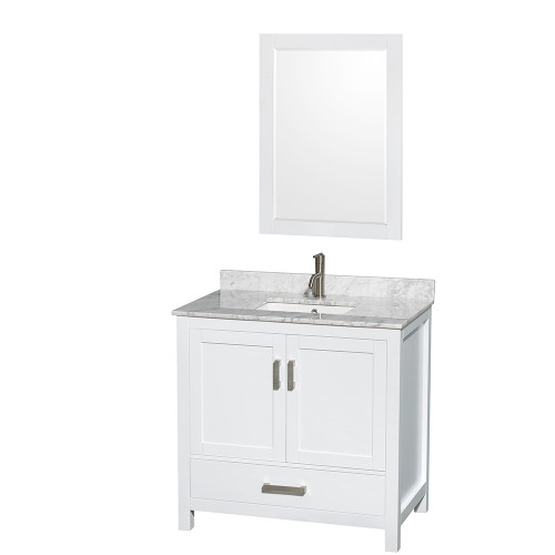 Wyndham WCS141436SWHCMUNSM24 Sheffield 36 Inch Single Bathroom Vanity in White, White Carrara Marble Countertop, Undermount Square Sink, and 24 Inch Mirror