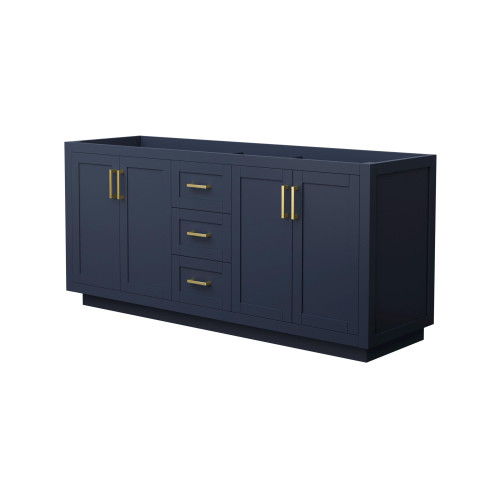 Wyndham WCF292972DBLCXSXXMXX Miranda 72 Inch Double Bathroom Vanity in Dark Blue, No Countertop, No Sink, Brushed Gold Trim