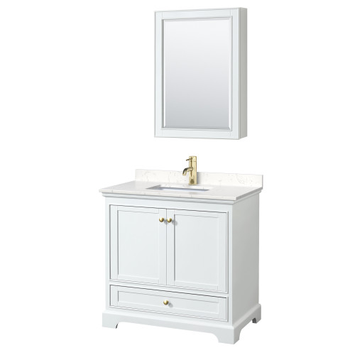 Wyndham WCS202036SWGC2UNSMED Deborah 36 Inch Single Bathroom Vanity in White, Carrara Cultured Marble Countertop, Undermount Square Sink, Brushed Gold Trim, Medicine Cabinet