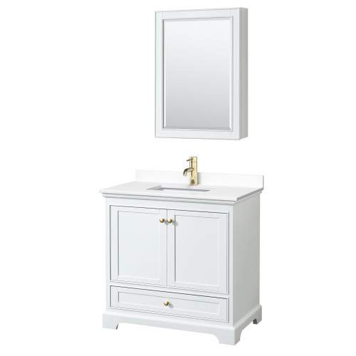 Wyndham WCS202036SWGWCUNSMED Deborah 36 Inch Single Bathroom Vanity in White, White Cultured Marble Countertop, Undermount Square Sink, Brushed Gold Trim, Medicine Cabinet