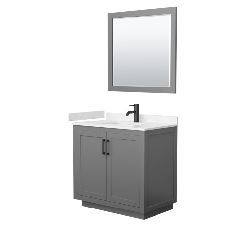 Wyndham WCF292936SGBC2UNSM34 Miranda 36 Inch Single Bathroom Vanity in Dark Gray, Light-Vein Carrara Cultured Marble Countertop, Undermount Square Sink, Matte Black Trim, 34 Inch Mirror