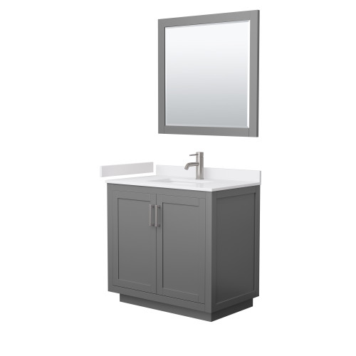 Wyndham WCF292936SKGWCUNSM34 Miranda 36 Inch Single Bathroom Vanity in Dark Gray, White Cultured Marble Countertop, Undermount Square Sink, Brushed Nickel Trim, 34 Inch Mirror