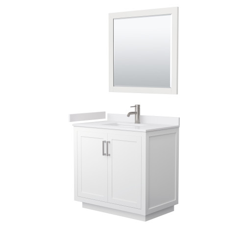 Wyndham WCF292936SWHWCUNSM34 Miranda 36 Inch Single Bathroom Vanity in White, White Cultured Marble Countertop, Undermount Square Sink, Brushed Nickel Trim, 34 Inch Mirror