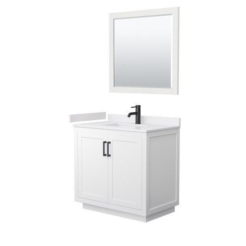 Wyndham WCF292936SWBWCUNSM34 Miranda 36 Inch Single Bathroom Vanity in White, White Cultured Marble Countertop, Undermount Square Sink, Matte Black Trim, 34 Inch Mirror