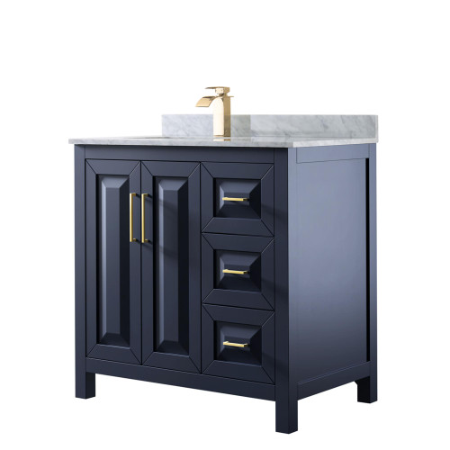 Wyndham WCV252536SBLCMUNSMXX Daria 36 Inch Single Bathroom Vanity in Dark Blue, White Carrara Marble Countertop, Undermount Square Sink, No Mirror