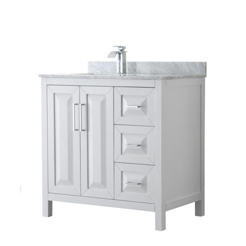 Wyndham WCV252536SWHCMUNSMXX Daria 36 Inch Single Bathroom Vanity in White, White Carrara Marble Countertop, Undermount Square Sink, and No Mirror