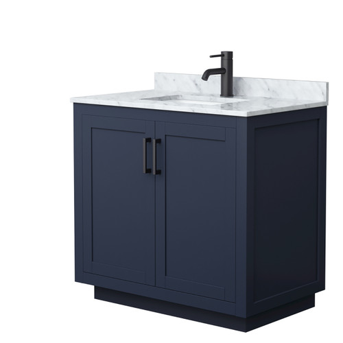 Wyndham WCF292936SBBCMUNSMXX Miranda 36 Inch Single Bathroom Vanity in Dark Blue, White Carrara Marble Countertop, Undermount Square Sink, Matte Black Trim