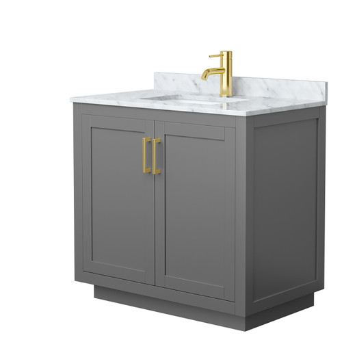 Wyndham WCF292936SGGCMUNSMXX Miranda 36 Inch Single Bathroom Vanity in Dark Gray, White Carrara Marble Countertop, Undermount Square Sink, Brushed Gold Trim