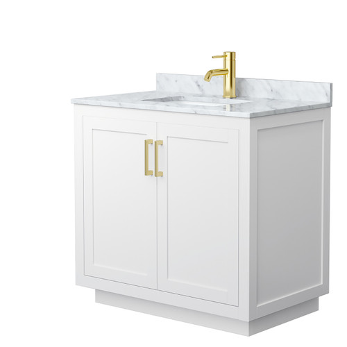 Wyndham WCF292936SWGCMUNSMXX Miranda 36 Inch Single Bathroom Vanity in White, White Carrara Marble Countertop, Undermount Square Sink, Brushed Gold Trim