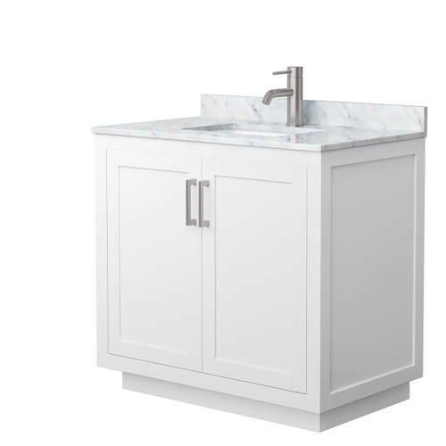 Wyndham WCF292936SWHCMUNSMXX Miranda 36 Inch Single Bathroom Vanity in White, White Carrara Marble Countertop, Undermount Square Sink, Brushed Nickel Trim