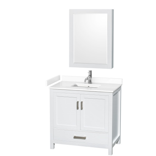 Wyndham WCS141436SWHWCUNSMED Sheffield 36 Inch Single Bathroom Vanity in White, White Cultured Marble Countertop, Undermount Square Sink, Medicine Cabinet