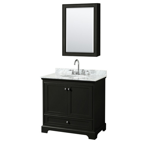 Wyndham WCS202036SDECMUNOMED Deborah 36 Inch Single Bathroom Vanity in Dark Espresso, White Carrara Marble Countertop, Undermount Oval Sink, and Medicine Cabinet