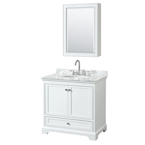 Wyndham WCS202036SWHCMUNOMED Deborah 36 Inch Single Bathroom Vanity in White, White Carrara Marble Countertop, Undermount Oval Sink, and Medicine Cabinet