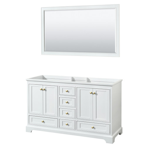Wyndham WCS202060DWGCXSXXM58 Deborah 60 Inch Double Bathroom Vanity in White, No Countertop, No Sinks, Brushed Gold Trim, 58 Inch Mirror