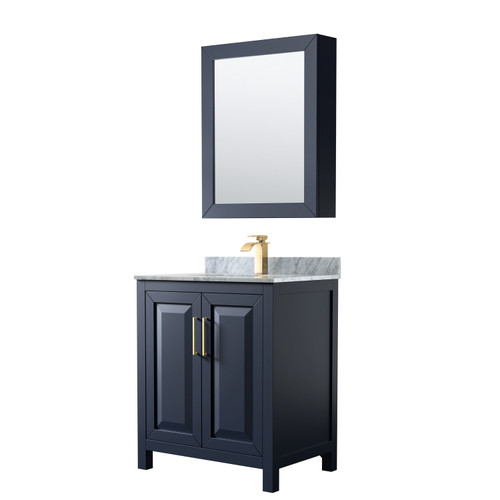 Wyndham WCV252530SBLCMUNSMED Daria 30 Inch Single Bathroom Vanity in Dark Blue, White Carrara Marble Countertop, Undermount Square Sink, Medicine Cabinet