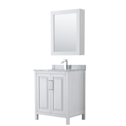 Wyndham WCV252530SWHCMUNSMED Daria 30 Inch Single Bathroom Vanity in White, White Carrara Marble Countertop, Undermount Square Sink, and Medicine Cabinet