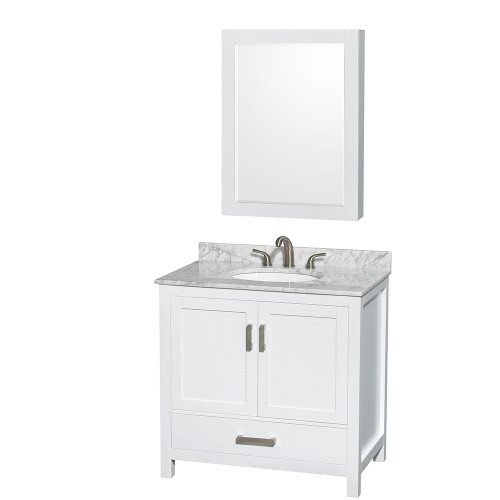Wyndham WCS141436SWHCMUNOMED Sheffield 36 Inch Single Bathroom Vanity in White, White Carrara Marble Countertop, Undermount Oval Sink, and Medicine Cabinet