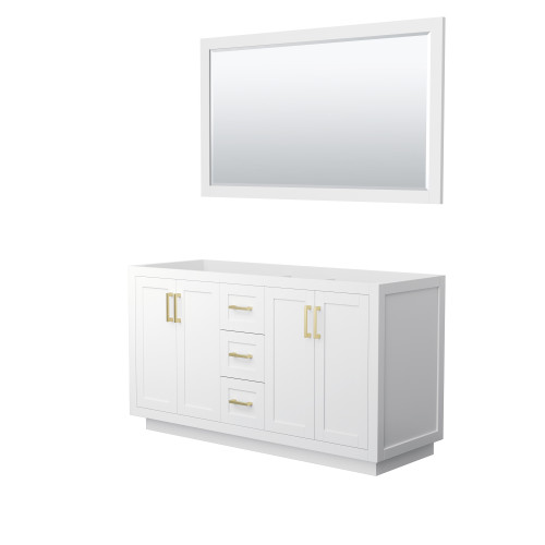 Wyndham WCF292960DWGCXSXXM58 Miranda 60 Inch Double Bathroom Vanity in White, No Countertop, No Sink, Brushed Gold Trim, 58 Inch Mirror