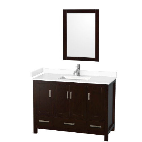 Wyndham WCS141448SESWCUNSM24 Sheffield 48 Inch Single Bathroom Vanity in Espresso, White Cultured Marble Countertop, Undermount Square Sink, 24 Inch Mirror