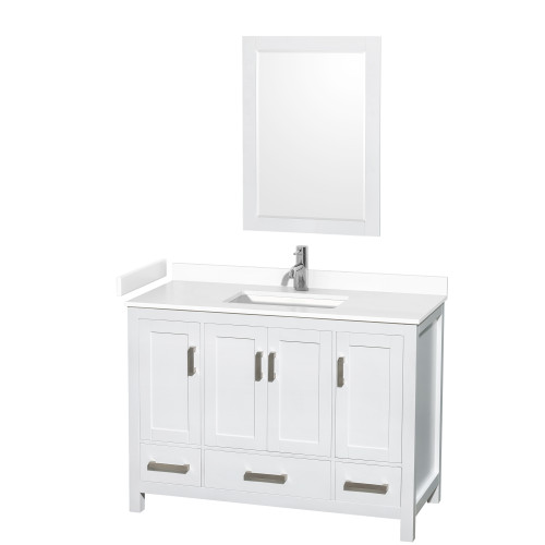 Wyndham WCS141448SWHWCUNSM24 Sheffield 48 Inch Single Bathroom Vanity in White, White Cultured Marble Countertop, Undermount Square Sink, 24 Inch Mirror
