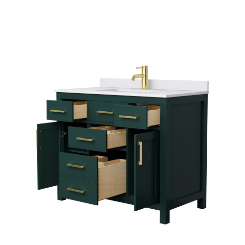 Wyndham WCG242442SGDWCUNSMXX Beckett 42 Inch Single Bathroom Vanity in Green, White Cultured Marble Countertop, Undermount Square Sink, Brushed Gold Trim