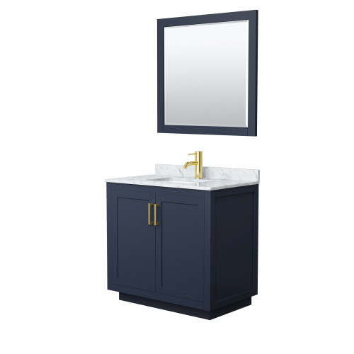Wyndham WCF292936SBLCMUNSM34 Miranda 36 Inch Single Bathroom Vanity in Dark Blue, White Carrara Marble Countertop, Undermount Square Sink, Brushed Gold Trim, 34 Inch Mirror