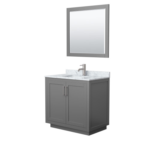 Wyndham WCF292936SKGCMUNSM34 Miranda 36 Inch Single Bathroom Vanity in Dark Gray, White Carrara Marble Countertop, Undermount Square Sink, Brushed Nickel Trim, 34 Inch Mirror