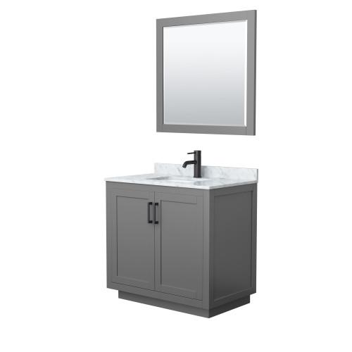 Wyndham WCF292936SGBCMUNSM34 Miranda 36 Inch Single Bathroom Vanity in Dark Gray, White Carrara Marble Countertop, Undermount Square Sink, Matte Black Trim, 34 Inch Mirror