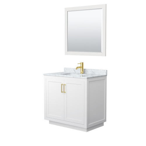 Wyndham WCF292936SWGCMUNSM34 Miranda 36 Inch Single Bathroom Vanity in White, White Carrara Marble Countertop, Undermount Square Sink, Brushed Gold Trim, 34 Inch Mirror