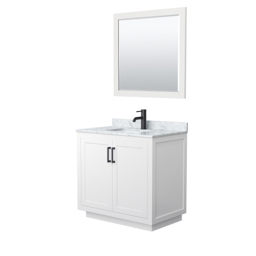 Wyndham WCF292936SWBCMUNSM34 Miranda 36 Inch Single Bathroom Vanity in White, White Carrara Marble Countertop, Undermount Square Sink, Matte Black Trim, 34 Inch Mirror