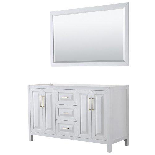 Wyndham WCV252560DWGCXSXXM58 Daria 60 Inch Double Bathroom Vanity in White, No Countertop, No Sink, 58 Inch Mirror, Brushed Gold Trim