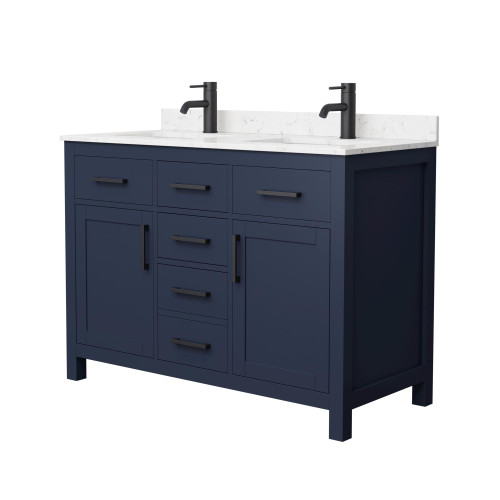 Wyndham WCG242448DBBCCUNSMXX Beckett 48 Inch Double Bathroom Vanity in Dark Blue, Carrara Cultured Marble Countertop, Undermount Square Sinks, Matte Black Trim