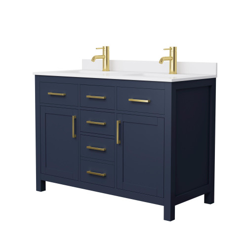 Wyndham WCG242448DBLWCUNSMXX Beckett 48 Inch Double Bathroom Vanity in Dark Blue, White Cultured Marble Countertop, Undermount Square Sinks, Brushed Gold Trim