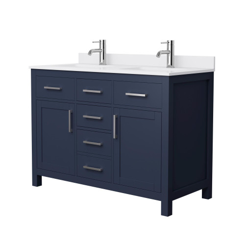 Wyndham WCG242448DBNWCUNSMXX Beckett 48 Inch Double Bathroom Vanity in Dark Blue, White Cultured Marble Countertop, Undermount Square Sinks, Brushed Nickel Trim