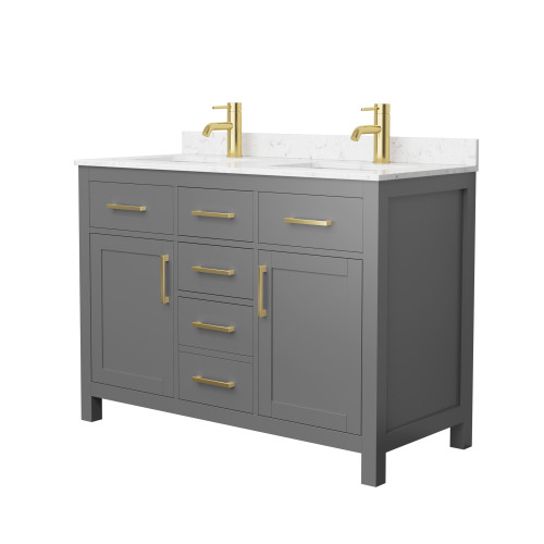 Wyndham WCG242448DGGCCUNSMXX Beckett 48 Inch Double Bathroom Vanity in Dark Gray, Carrara Cultured Marble Countertop, Undermount Square Sinks, Brushed Gold Trim