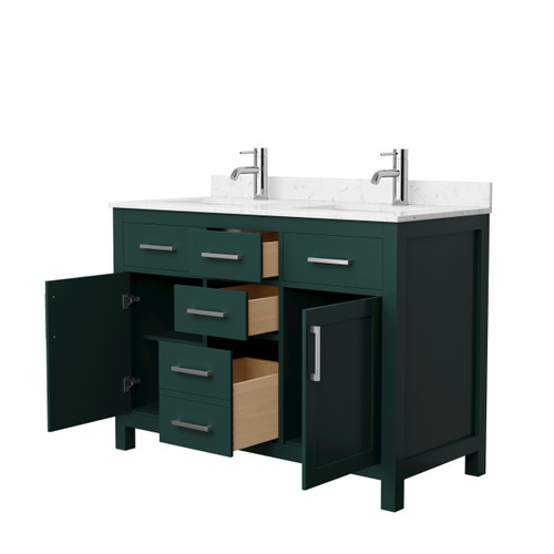 Wyndham WCG242448DGECCUNSMXX Beckett 48 Inch Double Bathroom Vanity in Green, Carrara Cultured Marble Countertop, Undermount Square Sinks, Brushed Nickel Trim