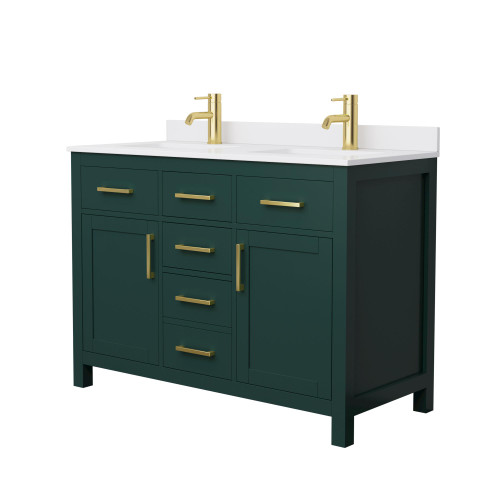 Wyndham WCG242448DGDWCUNSMXX Beckett 48 Inch Double Bathroom Vanity in Green, White Cultured Marble Countertop, Undermount Square Sinks, Brushed Gold Trim